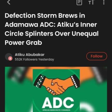 The African Democratic Congress (ADC) in Adamawa State teeters on the brink of collapse, as a bitter leadership feud threatens to trigger mass defections among high-profile members who recently abandoned the All Progressives Congress (APC) for the party.