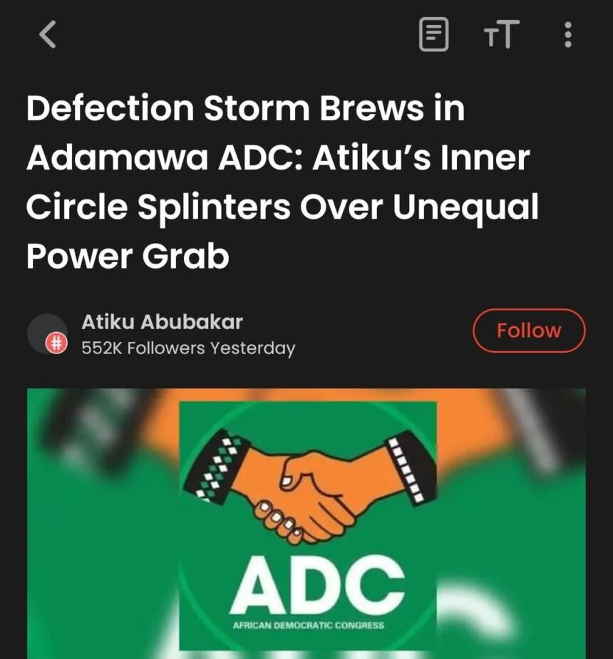 WhatsApp Image 2025-10-13 at 13.03.05_e536fdab The African Democratic Congress (ADC) in Adamawa State teeters on the brink of collapse, as a bitter leadership feud threatens to trigger mass defections among high-profile members who recently abandoned the All Progressives Congress (APC) for the party.