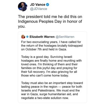 US Vice President Vance Trolls Senator Elizabeth Warren For Failing To Acknowledge President Trump Roles Hostages Freed In Gaza Peace Plan