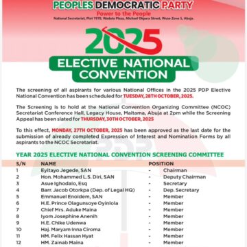 OCTOBER 25, 2025 – 2025 PDP ELECTIVE NATIONAL CONVENTION SCREENING COMMITTEE