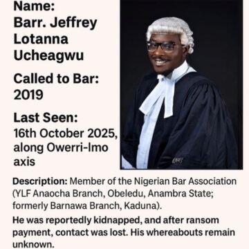 Missing Person Alert: Barr. Jeffery Was Kidnapped On The 16/10/2025, Contact Lost After Ransom Payment