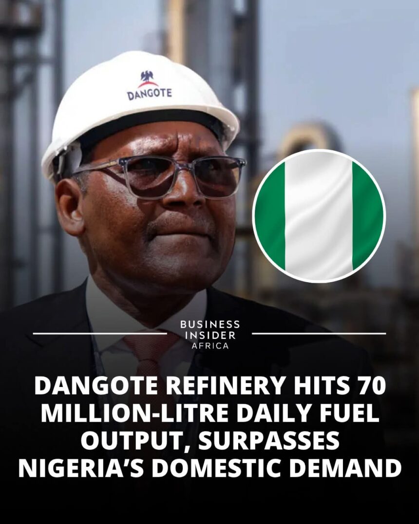 WhatsApp Image 2025-11-03 at 12.17.19_c70d1e8c Dangote Petroleum Refinery achieved a milestone of producing 70 million liters daily, exceeding Nigeria’s domestic fuel needs.