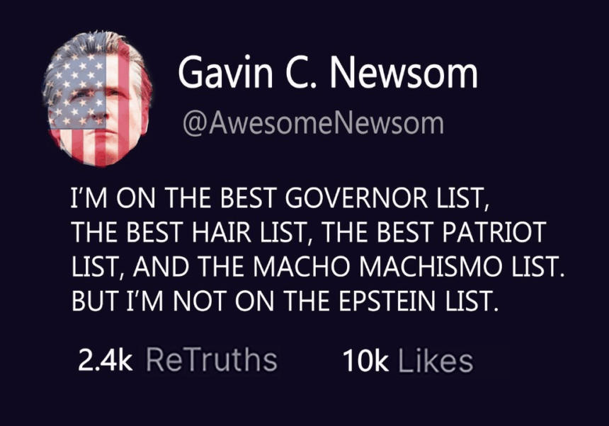 image California Governor Gavin Newsom Mocks President Donald Trump Over Jeffery Epstein Controversial List