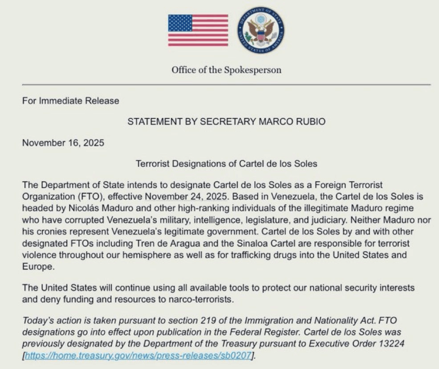 U.S. Designates Venezuelan Cartel de Los Soles As Foreign Terrorist Organization