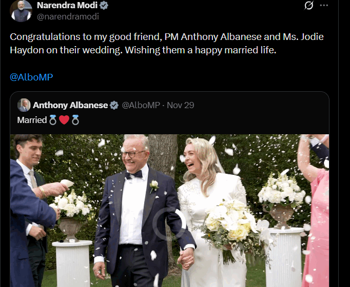 Indian Prime Minister Modi Netanyahu Congratulates Australian Anthony Albanese On His Second Marriage To Ms. Jodie Haydon
