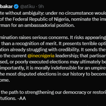 Former Nigerian Vice President Atiku Abubakar, Condemns Tinubu Administration Nomination Of Past INEC Chairman Mahmood Yakubu For An Ambassadorial Position.