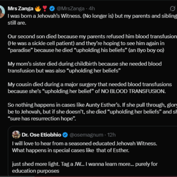 Screenshot (785) Former Jehovah Witness Member Shares Experience Says Her Brother Died As A Child Because Parent Refuses Him Blood Transfusion.
