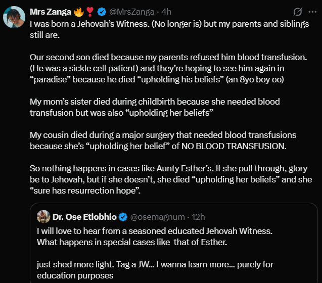Former Jehovah Witness Member Shares Experience Says Her Brother Died As A Child Because Parent Refuses Him Blood Transfusion.