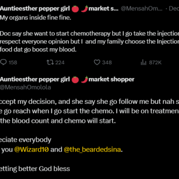 Screenshot (789) X: Jehovah Witness Member Who Refuses Blood Transfusion In Her Cancer Treatment Says Her Organ Is Fine