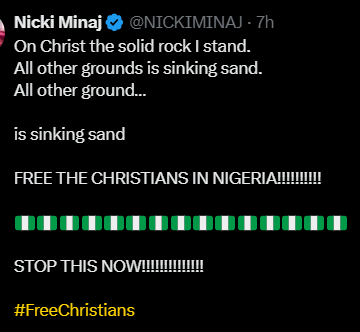 Screenshot (803) Trinidadian Rapper Nicki Minaj, Calls For Freedom Of Persecuted Christians In Nigeria