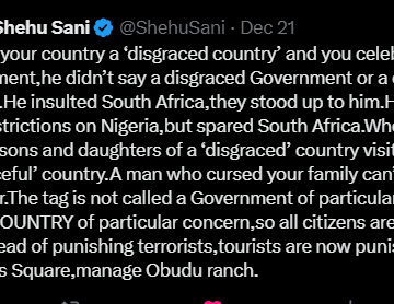 “A Man Who Cursed Your Family Can’t Single You Out For Honour”—Nigerian Senator Shehu Sani Speaks On President Trump’s Visa Restriction.