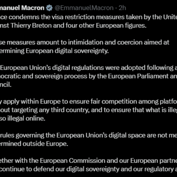 President Macron Condemns U.S. Visa Restriction Measures Taken Against Thierry Breton And Four Other European Figure, Describes It As ‘Intimidation And Coercion’