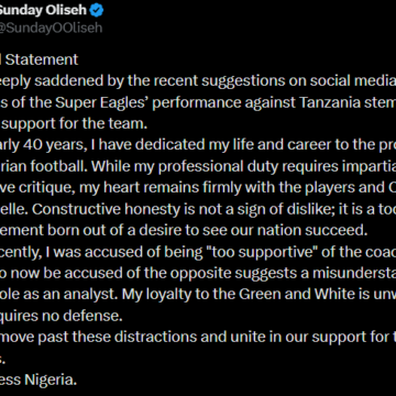 Sunday Oliseh, Reaffirms Loyalty To Nigeria, Expresses Disappointment Over Suggestions That His Analysis Of The Super Eagles’ Performance Against Tanzania Stems From A Lack Of Support For The Team.