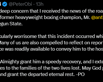 Screenshot (923) 2023 Presidential Hopeful Peter Obi Speaks On Road Accident Involving The Former Heavyweight Boxing Champion Anthony Joshua, Points Out The Unavailability Of Medical Facility At The Scene