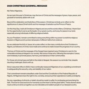 Nigerian President Bola Tinubu Sends Message Of Goodwill, Vows To Protects Citizens From Religious Violence