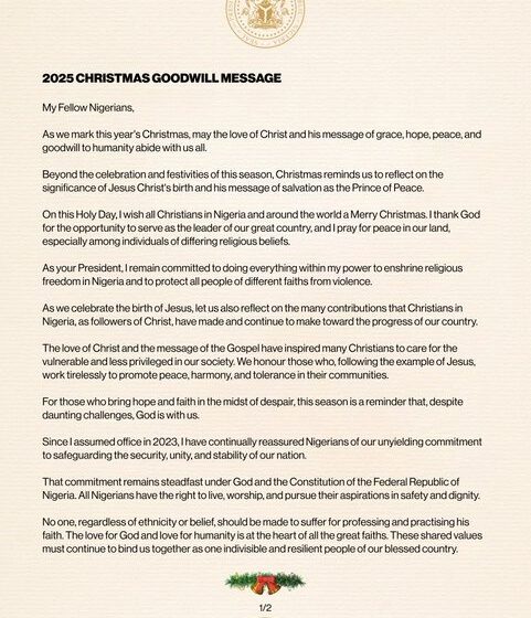 WhatsApp Image 2025-12-25 at 9.29.17 AM Nigerian President Bola Tinubu Sends Message Of Goodwill, Vows To Protects Citizens From Religious Violence
