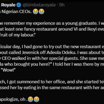 image X: Lady Recalls How Her Female CEO Reacted To Her Lone Dinning At A Trendy Spot On Pay Day, Highlights Egotistical Nature Of Some Nigerian Bosses