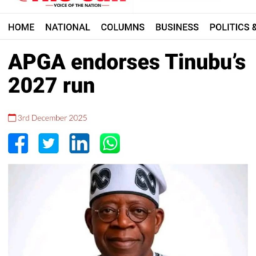 The All Progressives Grand Alliance (APGA) has indeed endorsed President Bola Tinubu for the 2027 presidential election, and this was covered by The Sun Newspaper (Nigeria) in an article titled “APGA endorses Tinubu’s 2027 run,” published on December 3, 2025.