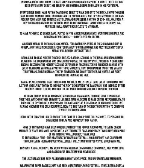 Nigeria Super Eagles Captain And Al Kholood Player Williams Troost-Ekong, Announces Retirement From International Football