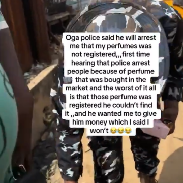 Video Footage Shows Nigerian Police Officer Confront Perfume Vendor Over NAFDAC Registration He Fails To Find On The Bottle