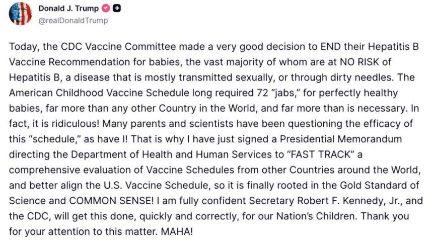 Trump Signs Presidential Memorandum Directing Department Of Health To Fast Track Evaluation Of Vaccine Schedules Around The World To Align The U.S Vaccine Schedule