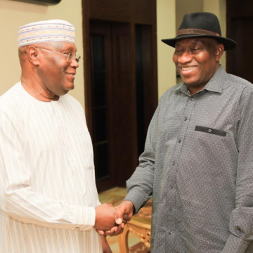 Photo News: Former Nigerian V.P Atiku Abubakar Catches Up With Former President Goodluck Jonathan Following His Recent Return From Guinea-Bissau.