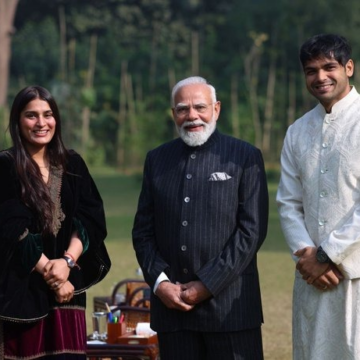 image Prime Minister Narendra Modi Meets Indian Javelin Thrower Neeraj Chopra And His Wife, Himani Mor Discusses Sport