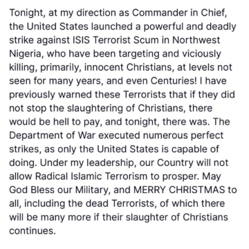 President Trump Declares War Against Terrorists Launches A Strike Against ISIS In, Vows His Administration Will End The Reign Of Terrorism Against Christians