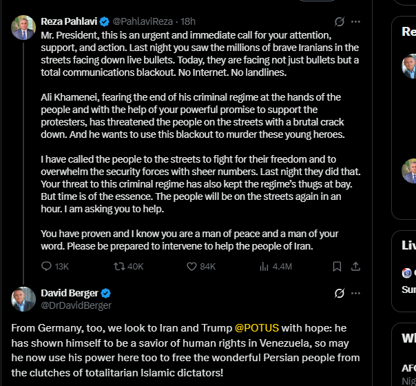 Exiled Crown Prince Of Iran Reza Pahlavi, Calls President Trump’s Attention To Iranians’ Plight, Pleads With Him To Act Fast After US Promises To Come To Their Rescue.