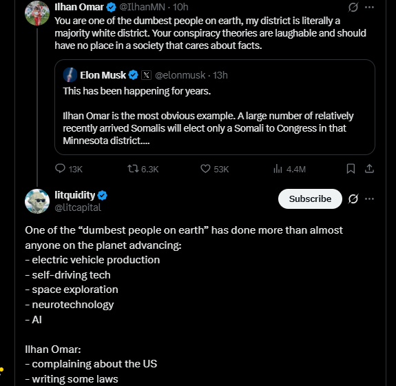 Somali U.S Rep Ilhan Omar Accuses Of Fraud Calls Tech Billionaire Elon Musk ‘Dumb’ Over His Criticism Of Incentives Given To Illegal Immigration By Expanding Welfare, Bypassing Citizens.