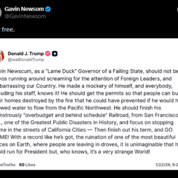 Gavin Newsom Responds To President Trump’s Rage Over His Appearance At Davos, Describes Him As “Lame Duck” Governor Of A Failing State.’