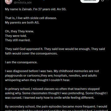 X Story: Lady Living With Sickle Cell Advocates Against As And As Genotype Marriage, Blame Her Parent For Their Blind Religious Belief That Kills Her Junior Brother And Makes Her Suffer.