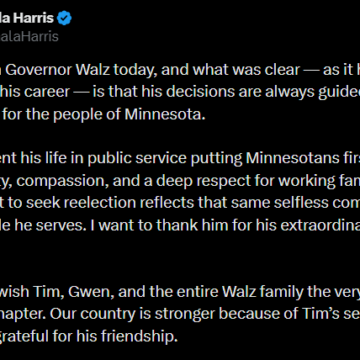 Former US VP Kamala Harris Says Minnesota Governor Tim Walz Bowing Out Of 2026 Race, Reflects Selfless Commitment To The People He Serves.