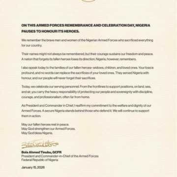image Nigerian President Bola Tinubu Releases Statement On Armed Forces Remembrance And Celebration Day, Pray For The Fallen Heroes