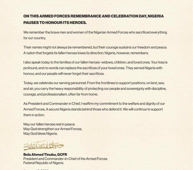 image Nigerian President Bola Tinubu Releases Statement On Armed Forces Remembrance And Celebration Day, Pray For The Fallen Heroes
