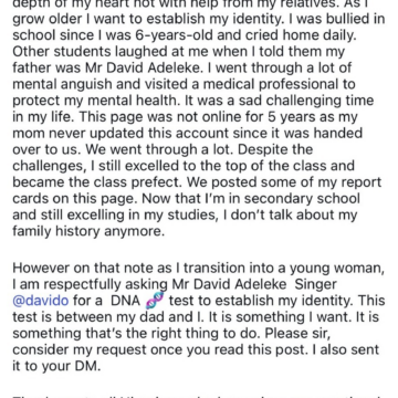 Nigerian Afrobeat Artist Davido, Embroils In Paternity Claim, As 13-Year-Old Pleads For DNA Test He Claims Has Done Five Times, Discounting Him As The Father