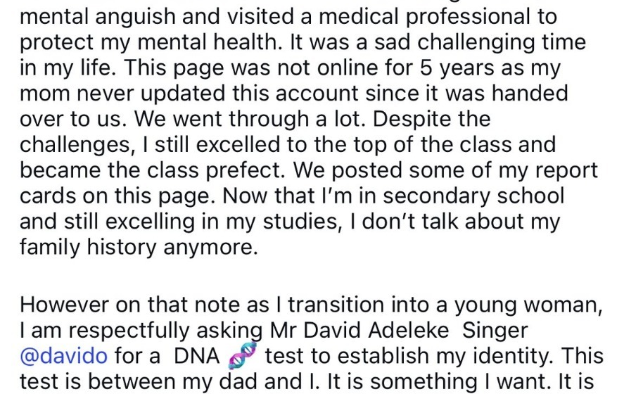 image Nigerian Afrobeat Artist Davido, Embroils In Paternity Claim, As 13-Year-Old Pleads For DNA Test He Claims Has Done Five Times, Discounting Him As The Father