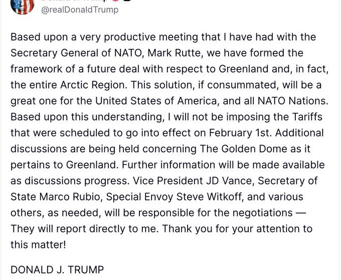 US President Trump Calls Off 25% Tariff levy Threat On EU Goods Over Greenland Acquisition, Claims Discussion Ongoing After Talk NATO Leader Mark Rutte In Davos