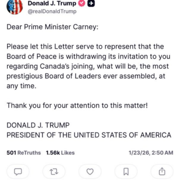 President Trump Withdraws Canada’s Invitation To Join The Board Of Peace.