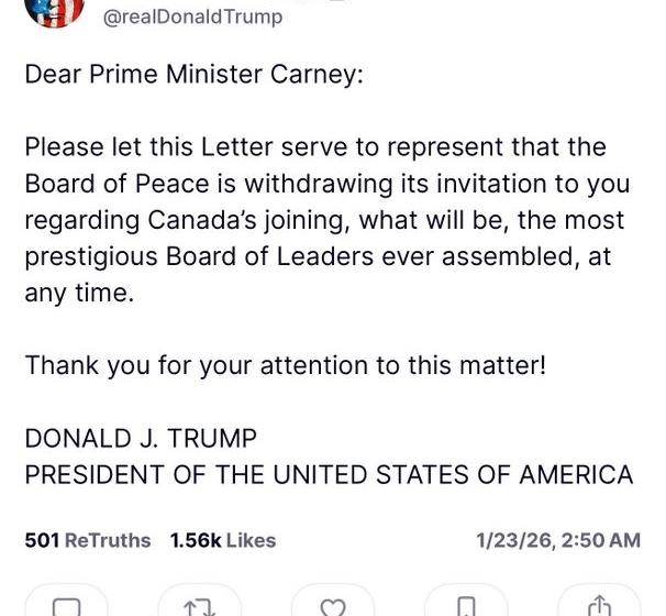 President Trump Withdraws Canada’s Invitation To Join The Board Of Peace.