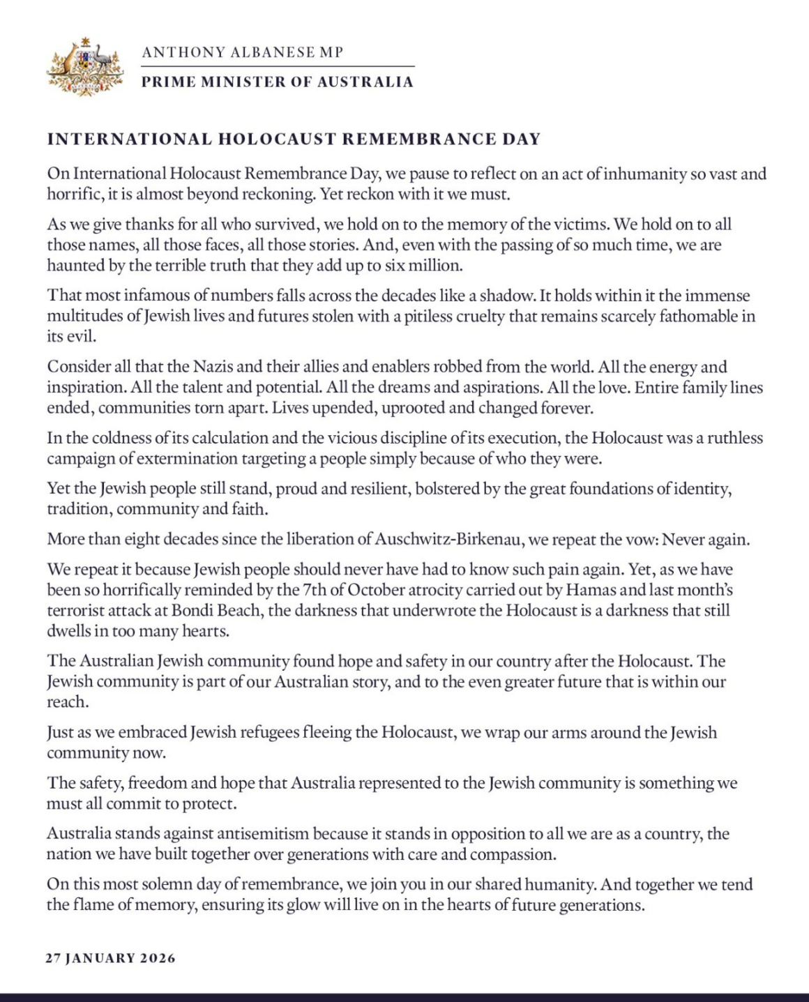 Australian Prime Minister Anthony Albanese Statement On International Holocaust Day