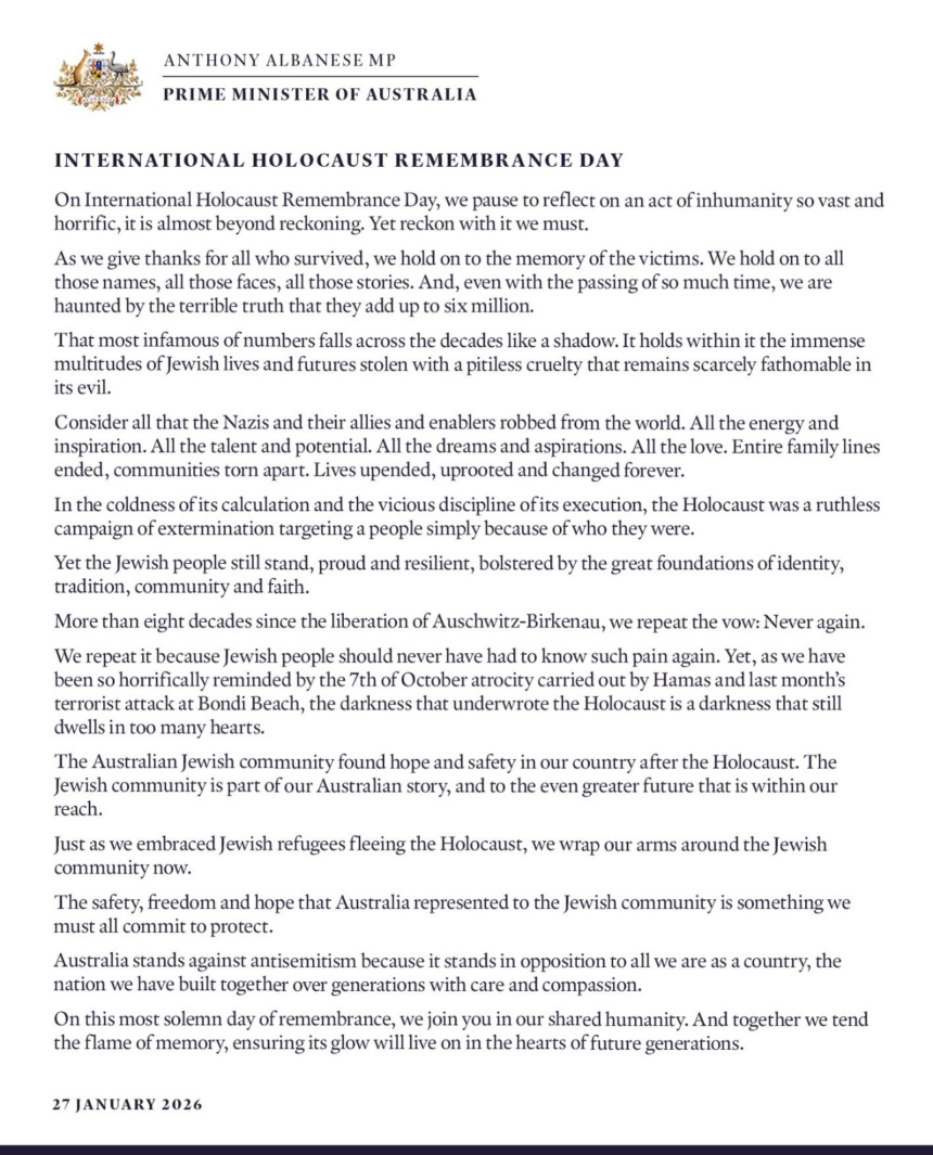 image Australian Prime Minister Anthony Albanese Statement On International Holocaust Day