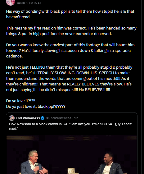 Trinidadian Rapper Nicki Minaj Criticizes Californian Governor’s Speech To A Black Crowd In GA, Inserts That Gavin Newsom ‘REALLY BELIEVES’ Blacks Are ‘Slow.’