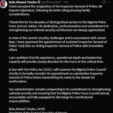 President Bola Tinubu Announces The Resignation Of Former IGP, Claims Letter Cites Pressing Family Considerations.