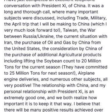 Trump Discusses Range Of Subjects With China Xi, Intends To Maintain Good Relationship