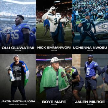 African Excellence; Nick Emmanwori, Uchenna Nwosu, Boye Mafe And Three Others Proudly Raises The Nigerian Flag After Winning The Super Bowl With The Seattle Seahawks