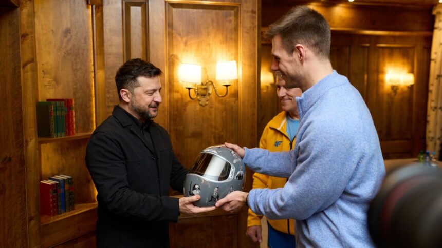 President Zelenskky Meets With Ukrainian Presents Order Of Freedom To Ukrainian Skeleton Racer Who Was Ban For Using A Helmet To Honor War Victims At The Olympics