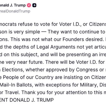 President Trump Claims The Democrats Refuse To Vote For Voter I.D, Accuses Them Of  Wanting ‘To Continue To Cheat In Elections.’