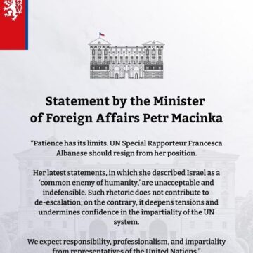 Czech Ministry Of Foreign Affairs Calls For The Resignation Of UN Special Rapporteur Francesca Albanese For Describing Israel As A ‘Common Enemy Of Humanity.’