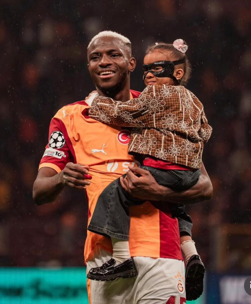 Victor Osimhen shared a joyous moment with his daughter, Hailey True Osimhen, after providing two assists in Napoli’s 5-2 victory over Juventus in the first leg of their UEFA Champions League playoff tie.